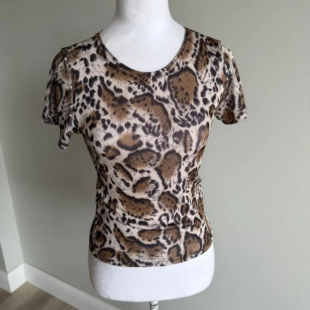 Vintage Y2K Leopard Print Mesh Cropped Baby Tee Women's Small Fairy Grunge Indie